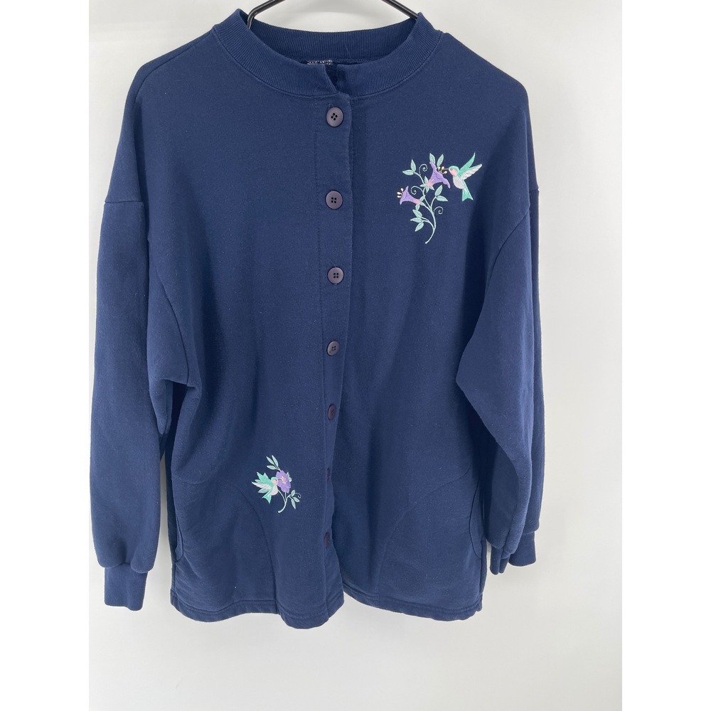 Hummingbird Embroidered Sweatshirt Cardigan Women Navy Blue Grannycore Cottage